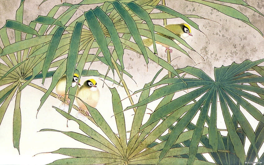 The family of birds in the bush, Japanese painting, Zen Painting HD wallpaper