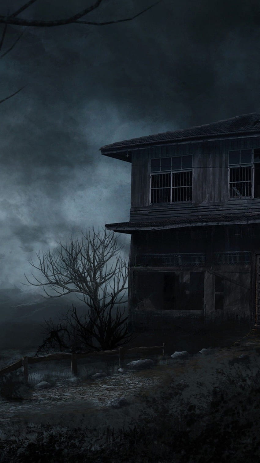 Изоставена къща, обитаван от духове, лунна светлина, нощ, дървета, ужас HD тапет за телефон