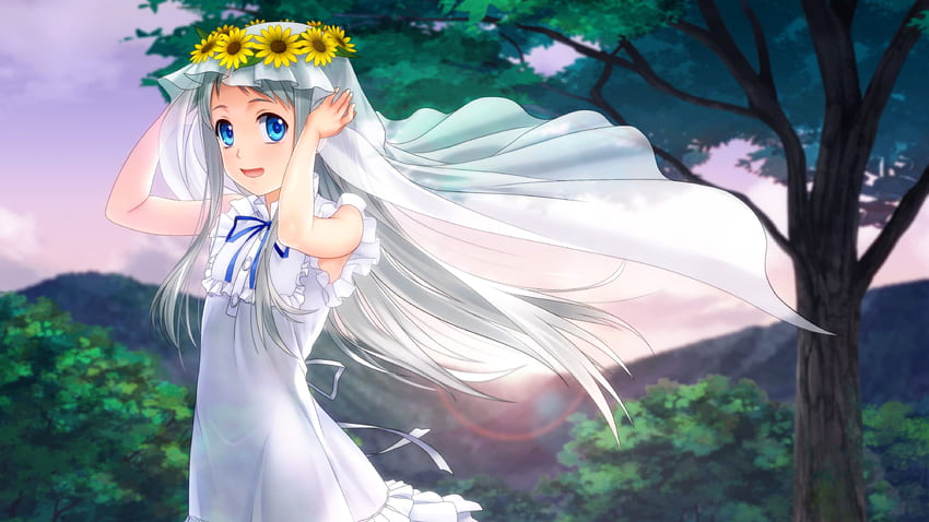 Weibliche Anime-Figur mit Sonnenblumenkopfschmuck und Schleier 3D HD-Hintergrundbild