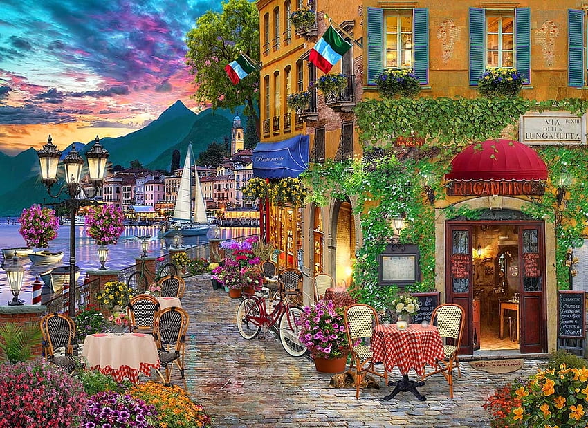 Via Della Lungaretta, sail boat, restaurant, bicycle, street, bay, italy, flowers HD wallpaper