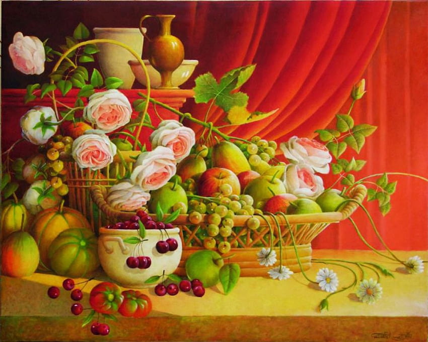 Still Life, bouquet, grapes, cherries, fruits, artwork, apples, painting, blossoms, flowers HD wallpaper