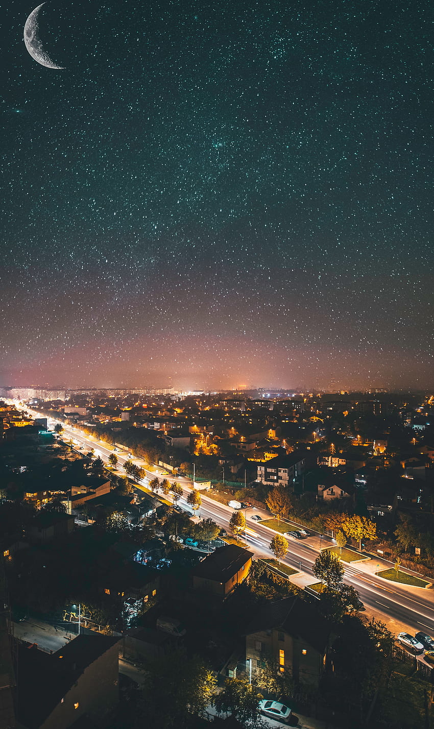 noite, cidade, vista de cima, escuro, céu estrelado, paisagem urbana, paisagem urbana Papel de parede de celular HD