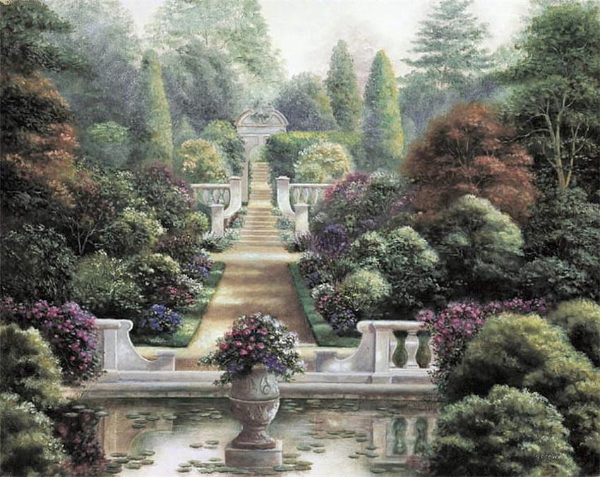 Garden of Love, painting, plants, steps, trees, garden, lily pads, water HD wallpaper