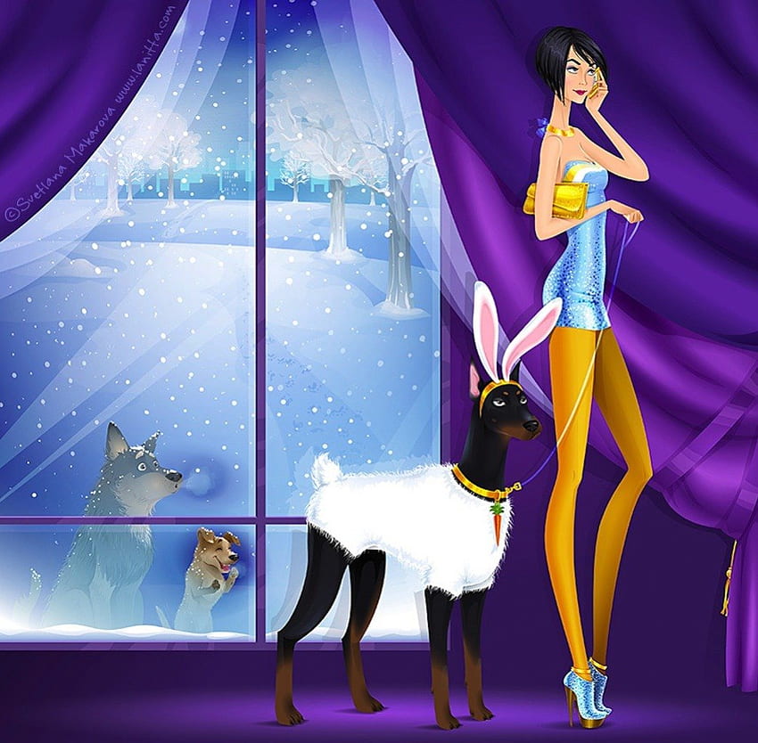 Funny Bunny, okno, psy, kobieta, królik, humorystyczny, śnieg, drzewa, uszy, zabawny, humor Tapeta HD