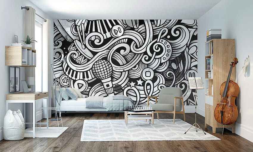 Mur de mur de graffiti musical noir et blanc, art de graffiti noir et blanc Fond d'écran HD