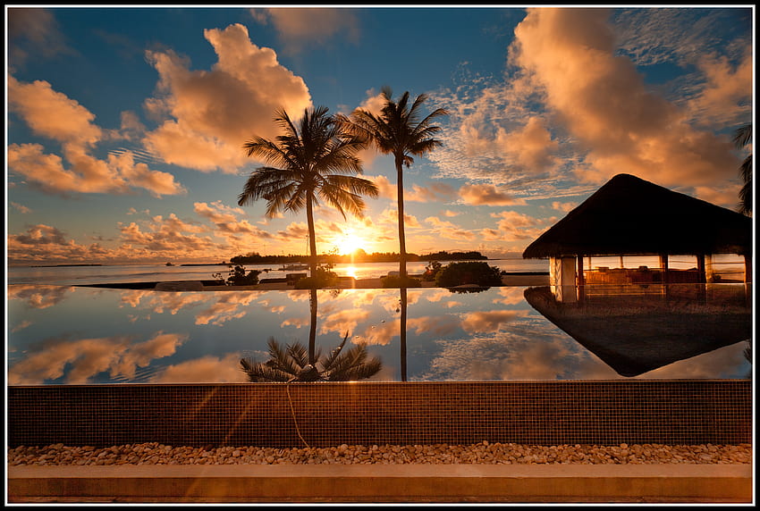 Idealny kurort, wyspa, nieskończoność, palma, drzewo, odbicie, chmury, basen, niebo, kurort, ocean Tapeta HD