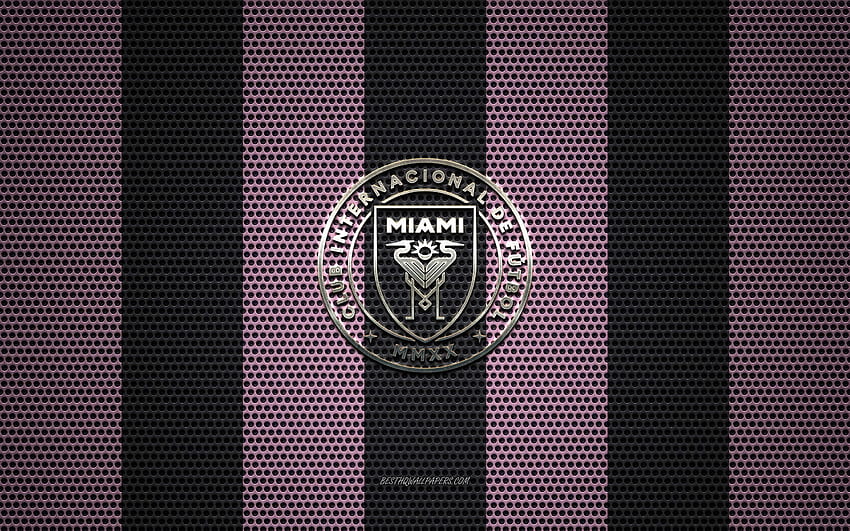 Inter Miami CF Logo, American Soccer Club, Metal Emblem, Pink Black Metal Mesh Background, Inter Miami CF, NHL, Miami, Florida, USA, Soccer For With Resolution . High Quality HD wallpaper