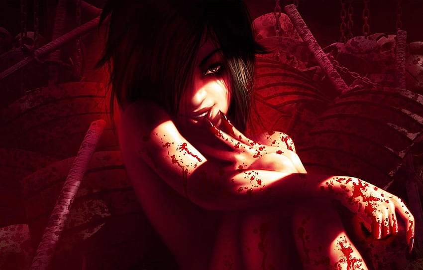 demon, girl, blood, devil, dead, vampire, brunette, Oni HD wallpaper