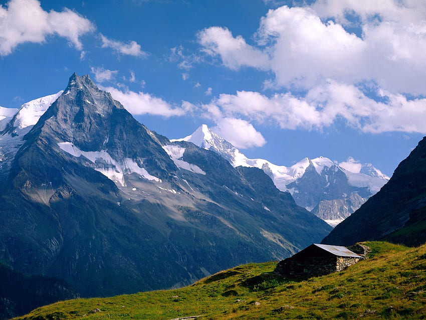 Nature, Grass, Mountains, Snow, Vertex, Greens, Small House, Lodge, Tops, Switzerland, Meadow HD wallpaper
