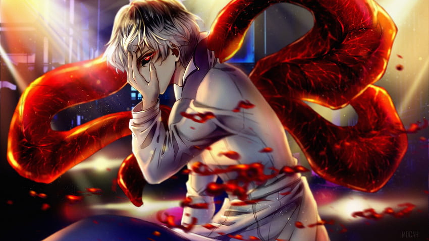 Sangre, chico, abrigo, Haise Sasaki, Kagune, Ken Kaneki, ojos rojos, Tokyo Ghoul, Tokyo Ghoul:re, cabello de dos tonos, cabello blanco. Mocah, Tokio Ghoul Haise fondo de pantalla