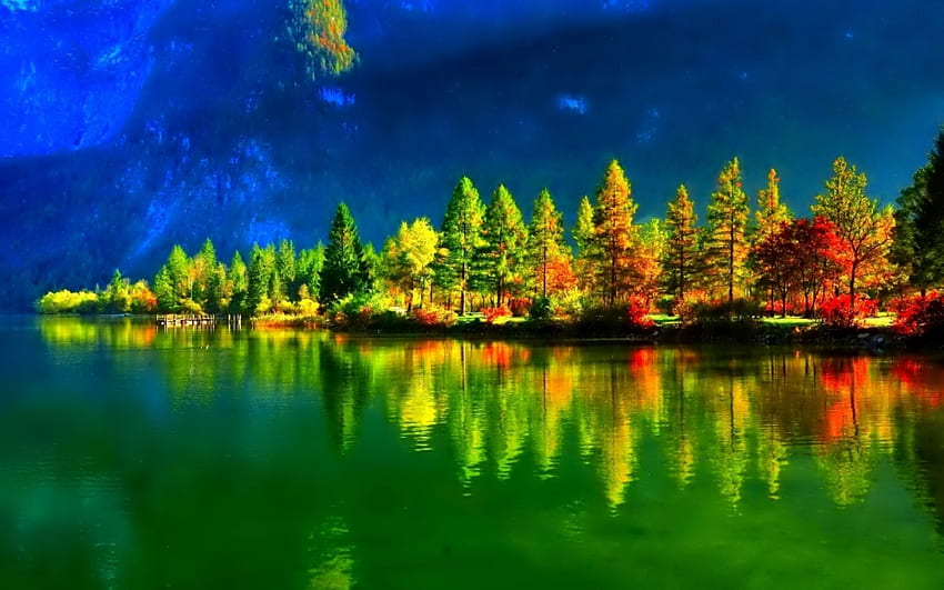 秋の湖、反射、木、秋、自然、山、湖、日没 高画質の壁紙