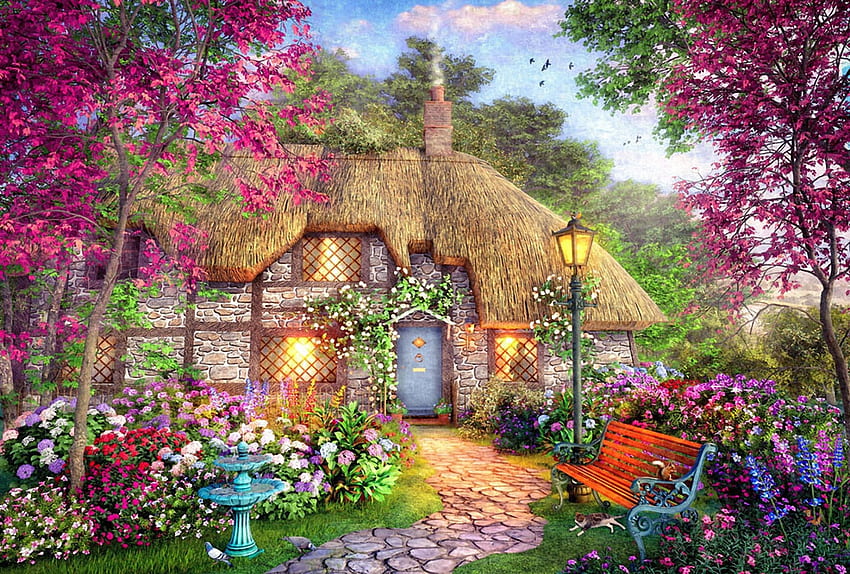 Dreamy Cottage Morada, banco, camino, casa, jardín, árboles, flores fondo de pantalla