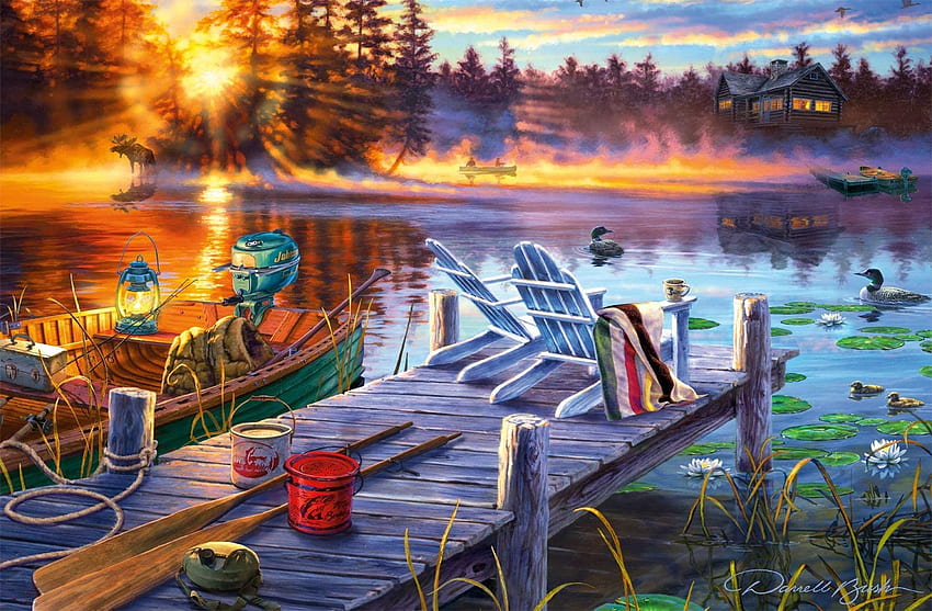 Morning Magic, obra de arte, barco, sillas, pintura, muelle, árboles, lago, amanecer fondo de pantalla
