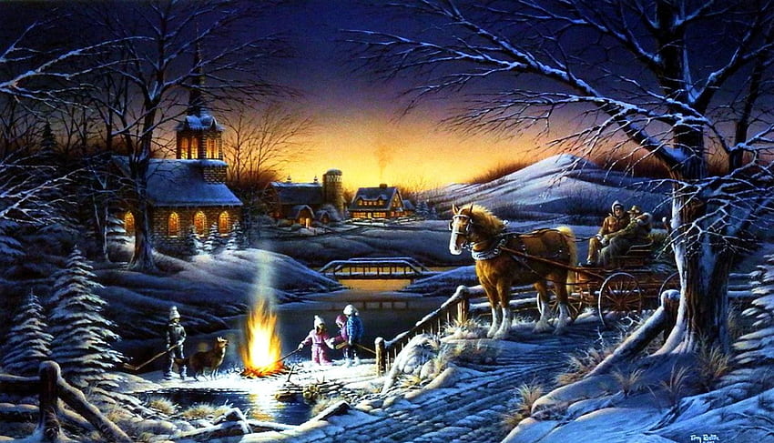 Споделяне на вечерта, река, зима, кон, хора, църква, произведения на изкуството, , сняг, мост, лагерен огън, залез, количка HD тапет