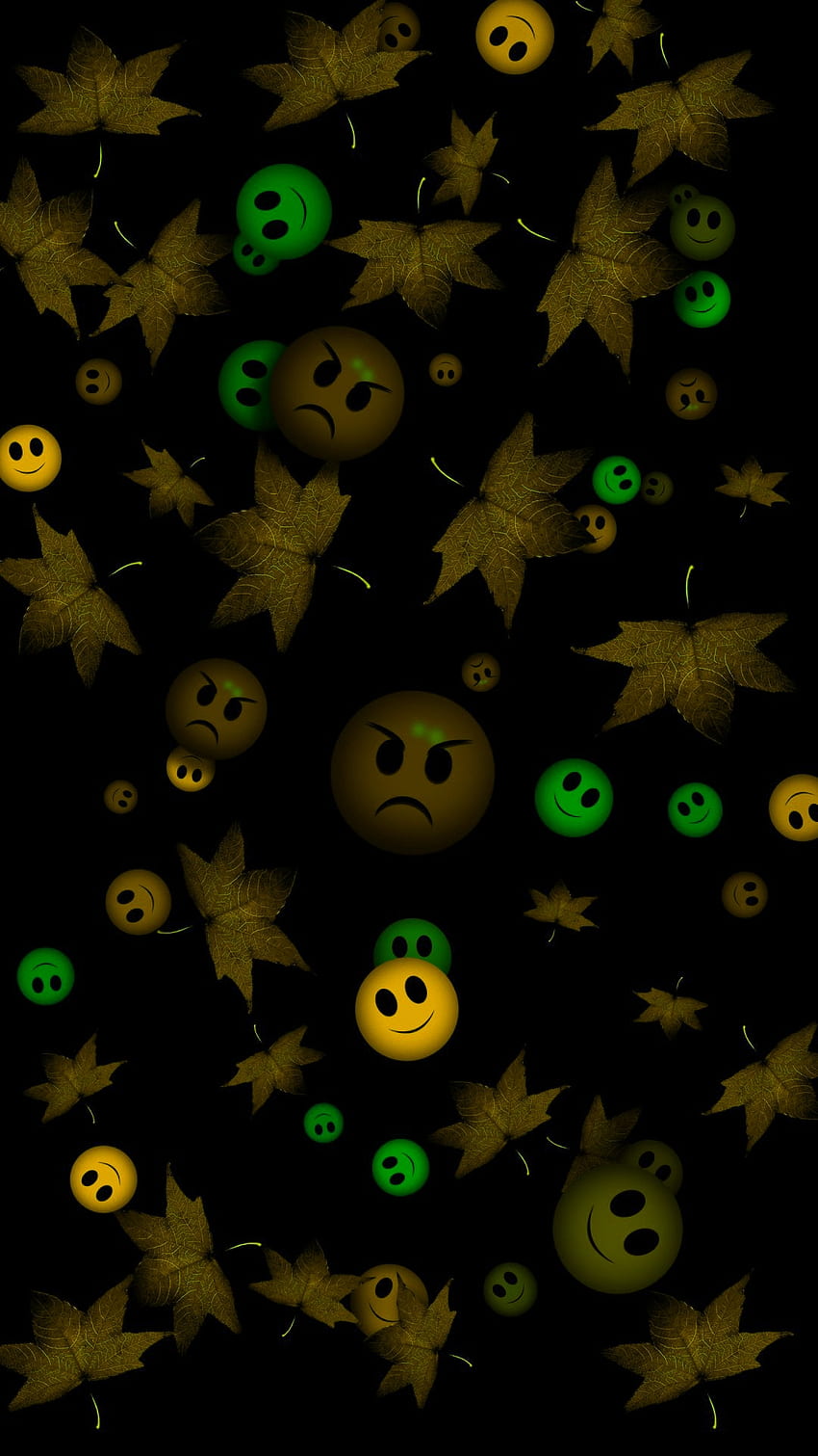 emoji, hojas, oscuro, amarillo, sonriente fondo de pantalla del teléfono