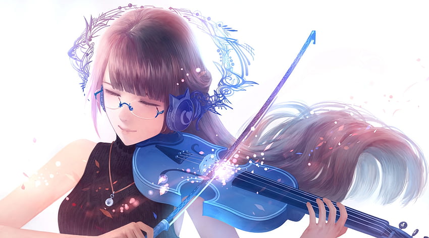 Violonist, blue, instrument, anime, glasses, girl, manga, violin, bou nin HD wallpaper