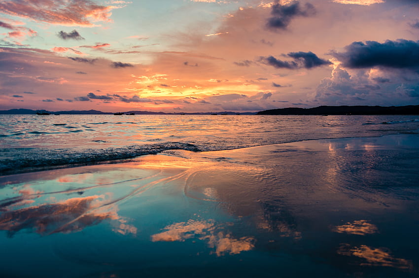 Naturaleza, puesta de sol, mar, playa, orilla, banco fondo de pantalla