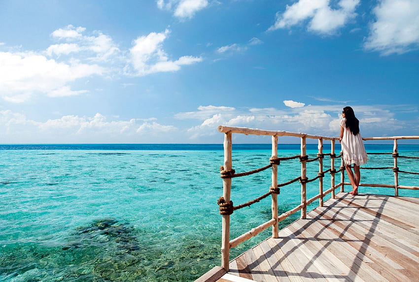 Lovely View, blue, graphy, mood, girl, beautiful, maldives, beach, woman, view, sky, ocean HD wallpaper