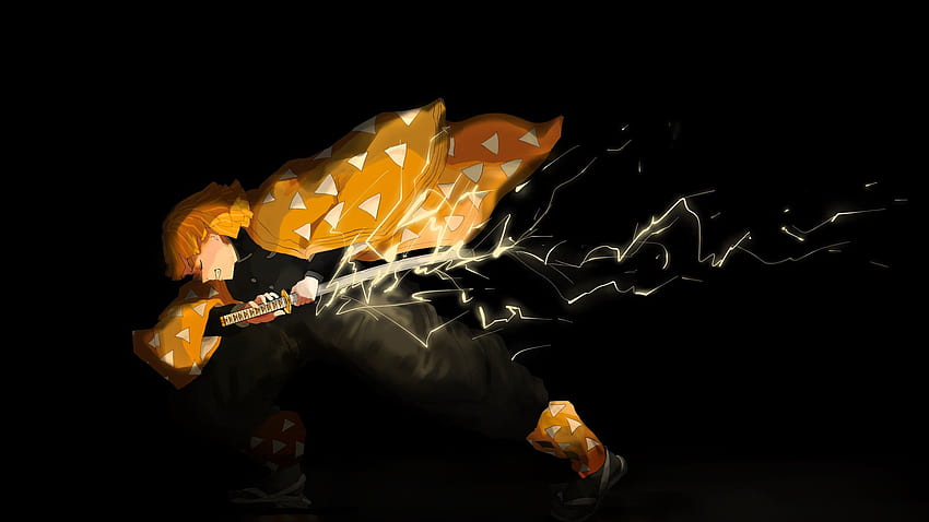 Demon Slayer Zenitsu Agatsuma Dengan Pedang Petir Dengan Latar Belakang Hitam Anime, Petir Emas Wallpaper HD