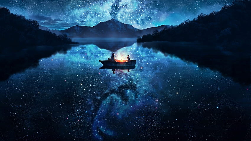 Midnight Serenity, night, art, romance, stars, lake, orginal, fantasy, love, couple, nature, sky HD wallpaper