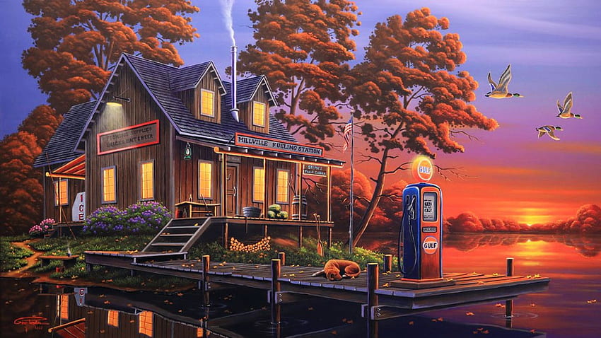 Millville Fueling Station, artwork, trees, sunset, house, painting HD wallpaper