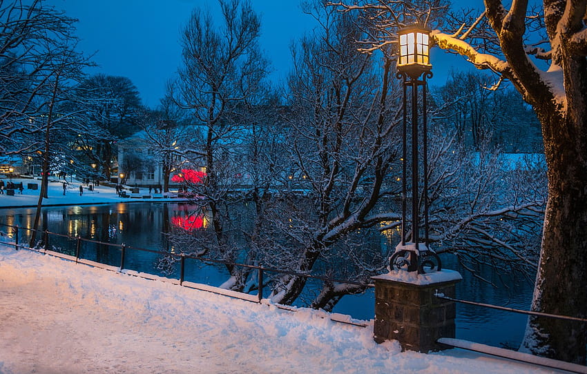 winter, snow, trees, lights, pond, the evening, Norway, lantern, promenade, Stavanger for , section город HD wallpaper