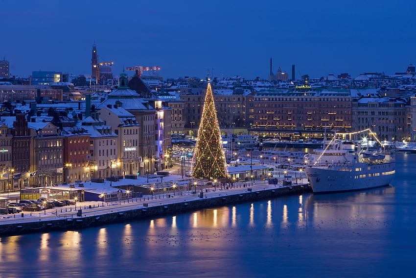 Suécia, Estocolmo, Casas, Inverno, Rua, Neve, Iluminação pública, Noite. Mocah papel de parede HD