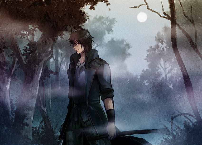 Date Masamune, mist, fog, lone, moon, foggy, trees, trench coat, male, coat, sword, sengoku basara, bushes, weapons, anime, branches, forest HD wallpaper
