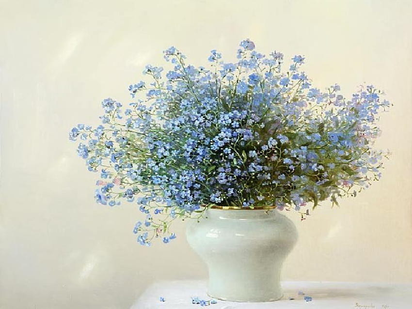 Friendship, periwinkles, table, white vase, petite, flowers HD wallpaper