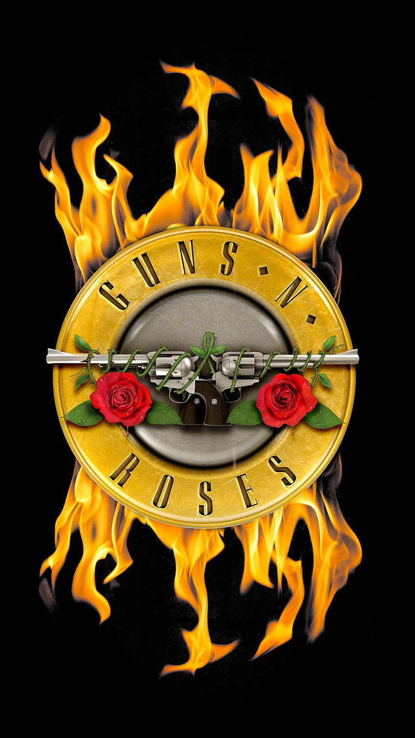 Guns N' Roses, badge, gun, symbol, Guns N' Roses, fire, logo, rose, band HD phone wallpaper