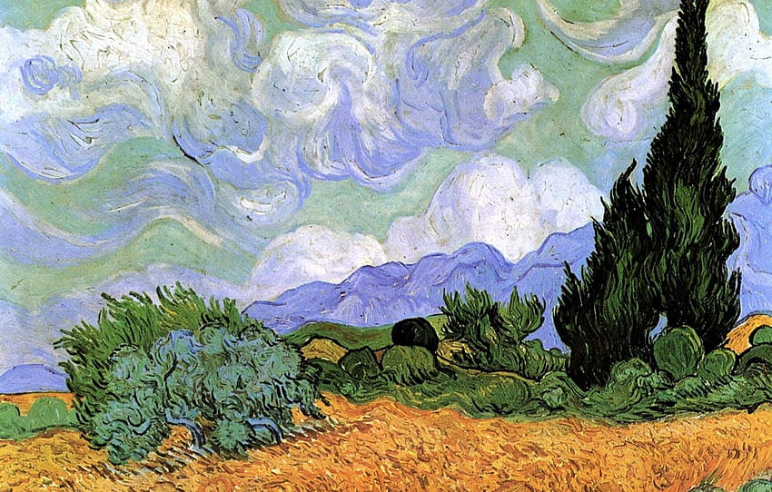 Vincent van Gogh, Ladang Gandum, dengan Cypresses Wallpaper HD
