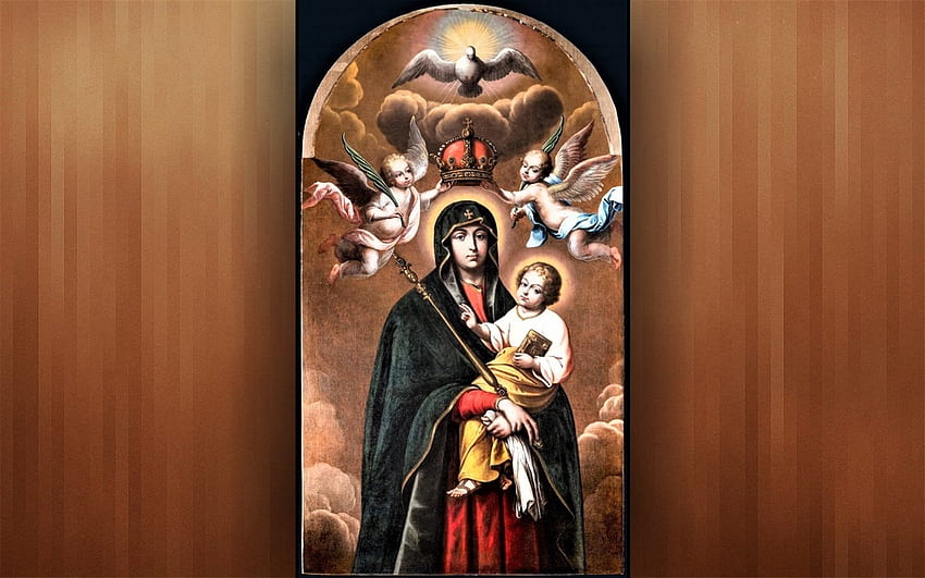 Queen of Heaven, Holy Spirit, Mary, angels, Jesus, crown HD wallpaper