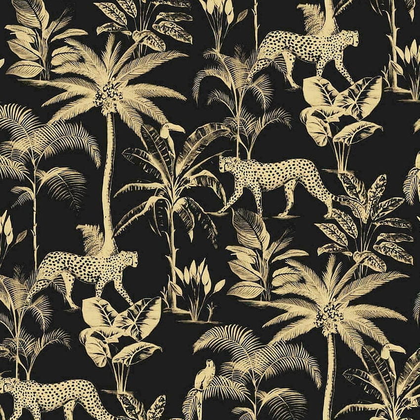 Rasch Black Gold Leopard Metallic Animals Palm Trees Jungle Birds 409031, Jungle Print HD phone wallpaper