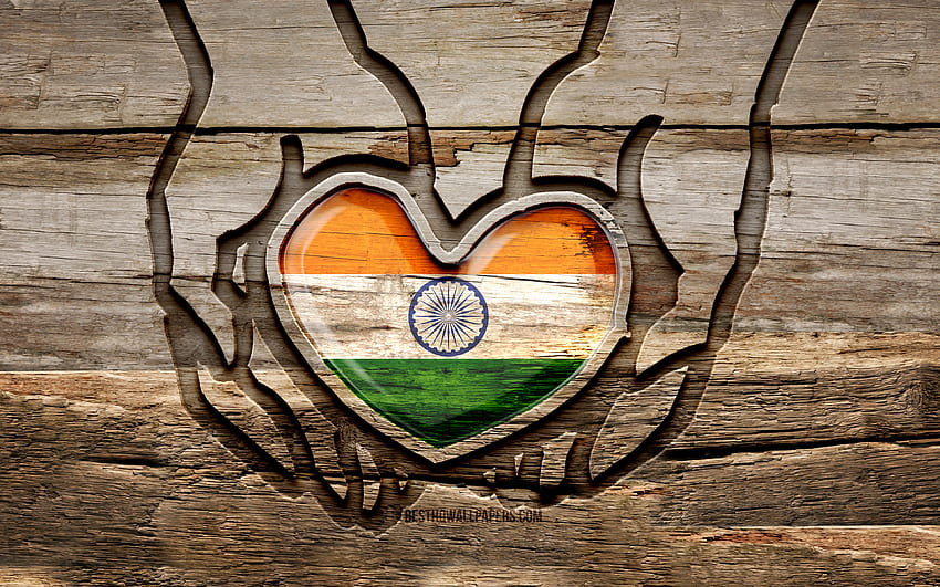 Me encanta la India, manos talladas en madera, Día de la India, bandera india, Bandera de la India, Cuida la India, creativa, bandera de la India, bandera de la India en la mano, talla de madera, países asiáticos, India fondo de pantalla