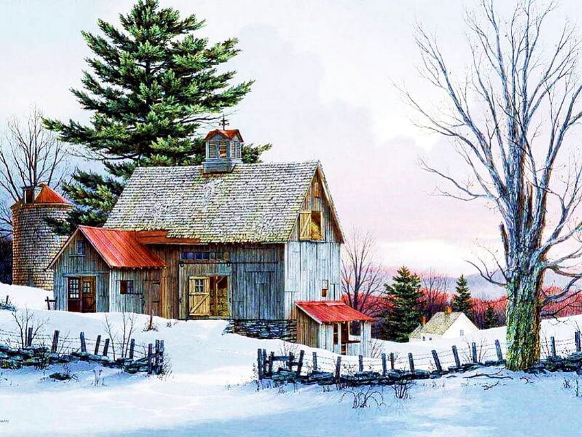 Cottage in Winter, artwork, snow, house, fence, trees HD wallpaper