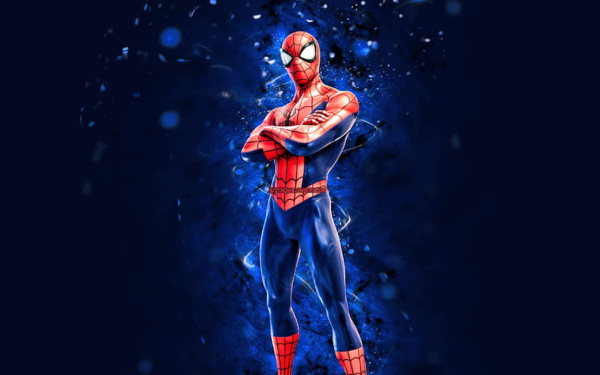 Homem-Aranha, luzes neon azuis, Fortnite Battle Royale, Personagens Fortnite, Spider-Man Skin, Fortnite, Spider-Man Fortnite papel de parede HD