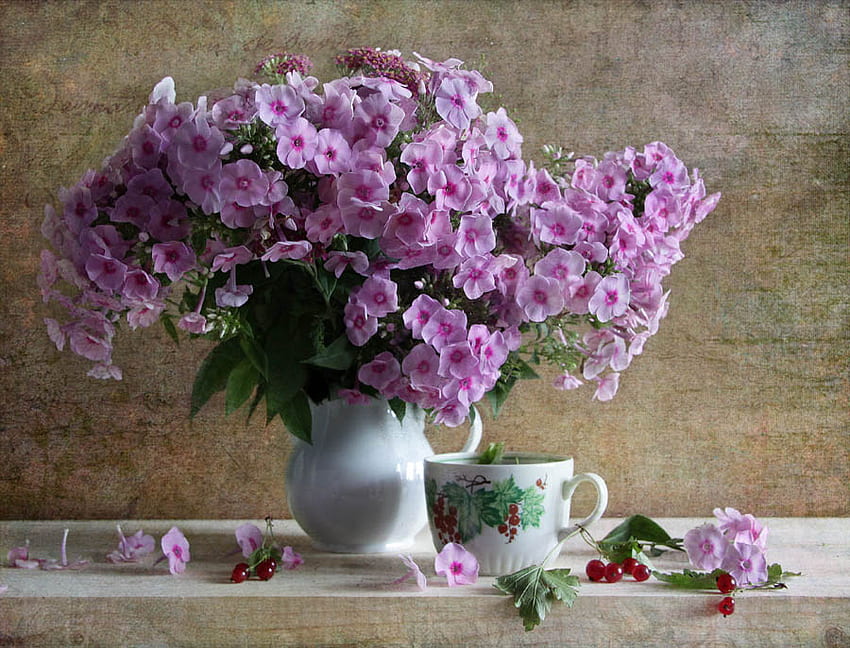 Still Life, purple, pretty, vase, beautiful, flowers, cup HD wallpaper