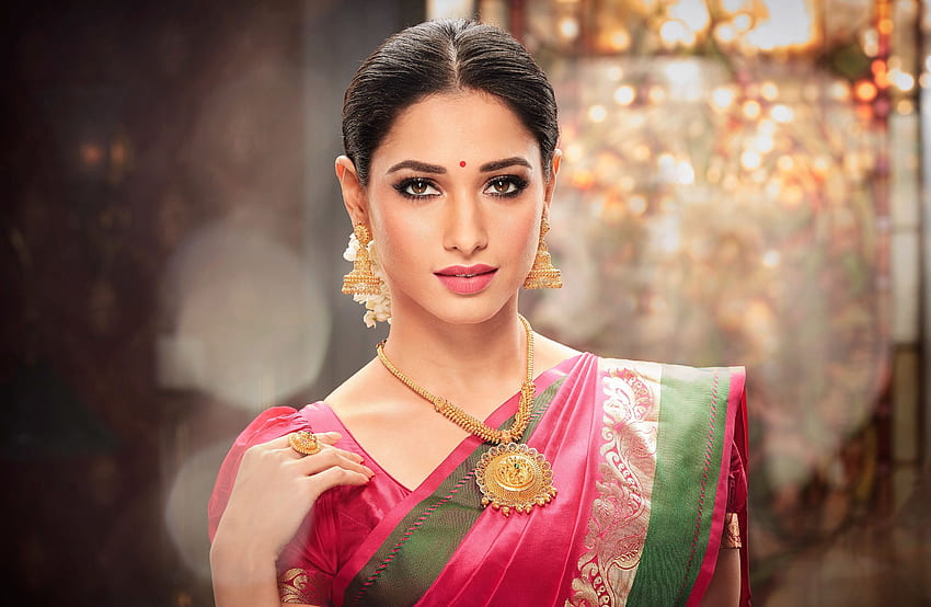 Tamanna, actriz, traje tradicional, sari indio fondo de pantalla
