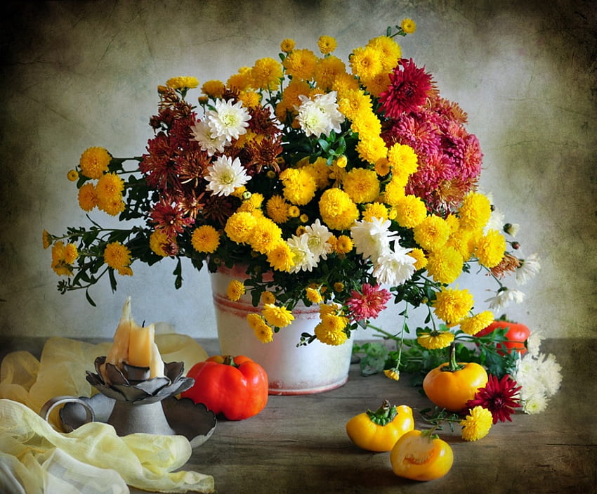 Натюрморт, плодове, цветя, цвят HD тапет