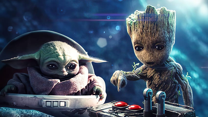 Baby Groot i Baby Yoda, Superbohaterowie, , Tło i Baby Yoda PC Tapeta HD
