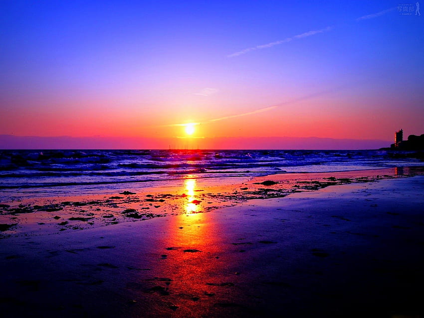 Incroyable coucher de soleil, coloré, côte, lever du soleil, agréable, plage, rivage, réflexion, sables, brillant, incroyable, eau, soleil, océan, coucher de soleil, mer, coucher du soleil, belle, nature, ciel, clair, charmant Fond d'écran HD