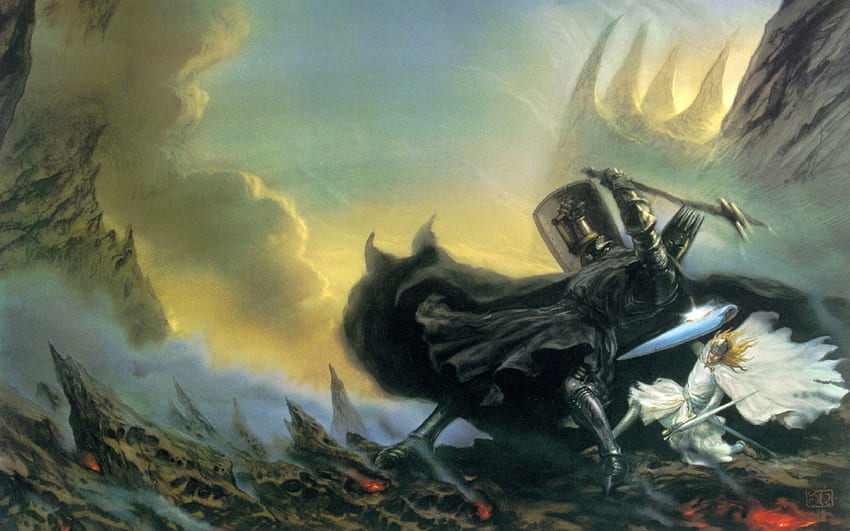 obra de arte, J R R Tolkien, mitología, El Silmarillion, Morgoth, Fingolfin, captura de , computadora . Mocah fondo de pantalla