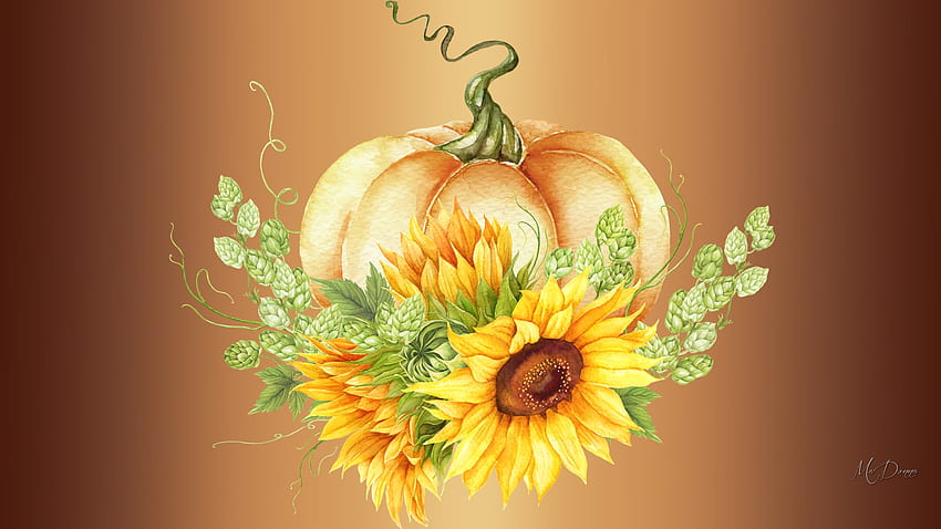 ひまわりの秋、Firefox のテーマ、ひまわり、秋、カボチャ、ひょうたん、秋、花、収穫 高画質の壁紙