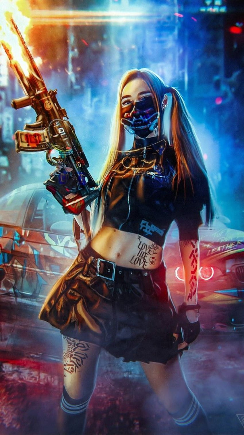 3D wallpaper Cyberpunk Girl. Papel de parede garota Cyberpunk