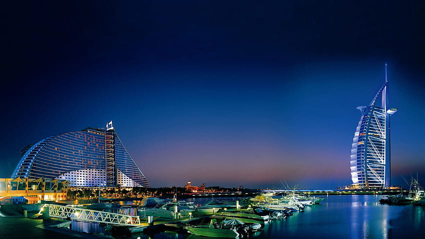 Panorama of the night city of Dubai, United Arab Emirates and - HD wallpaper