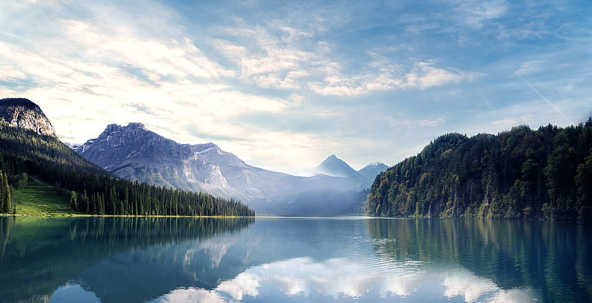 Lake, nature, mountains, forest, sky, trees HD wallpaper