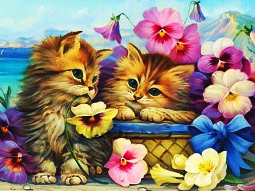 かわいい子猫、猫、花、絵、花 高画質の壁紙