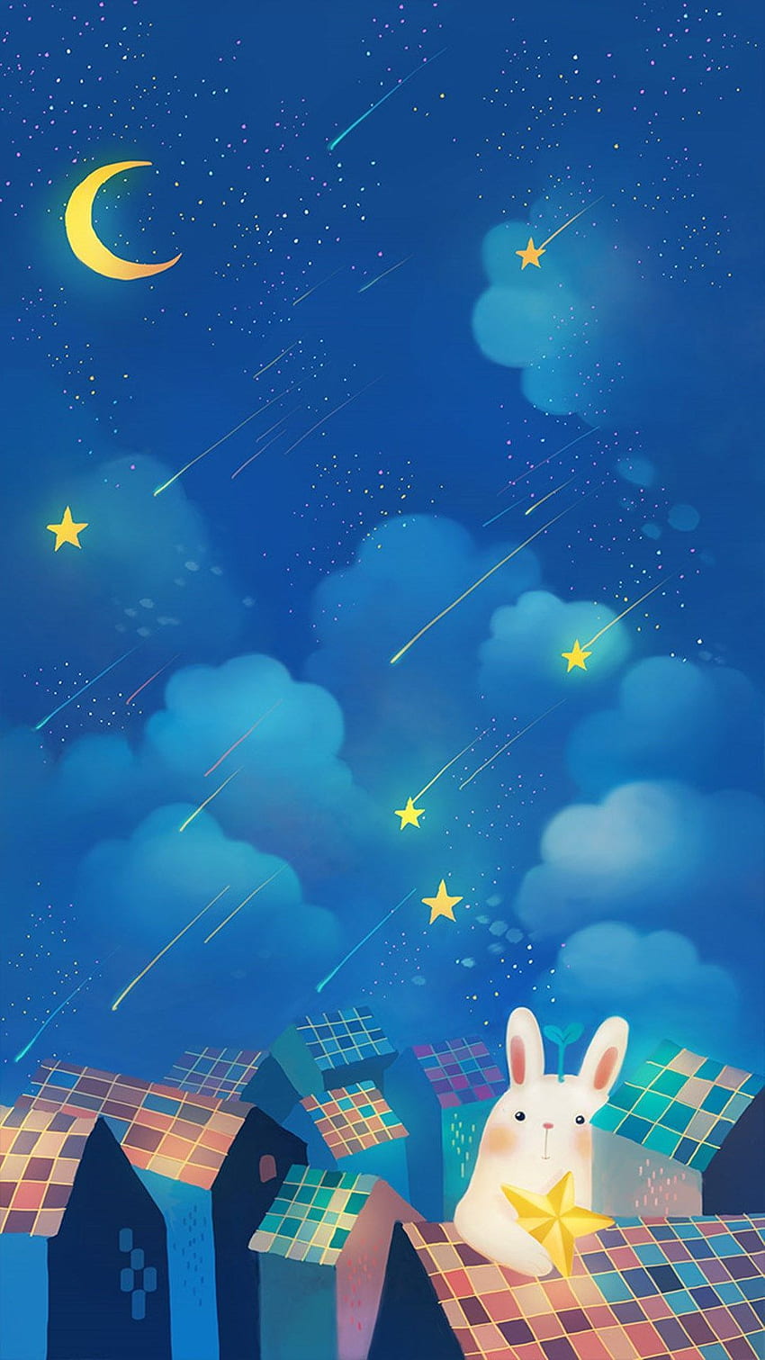 Romantic Night Moon Star Clouds Sky Rabbit House Top iPhone 6 HD phone wallpaper