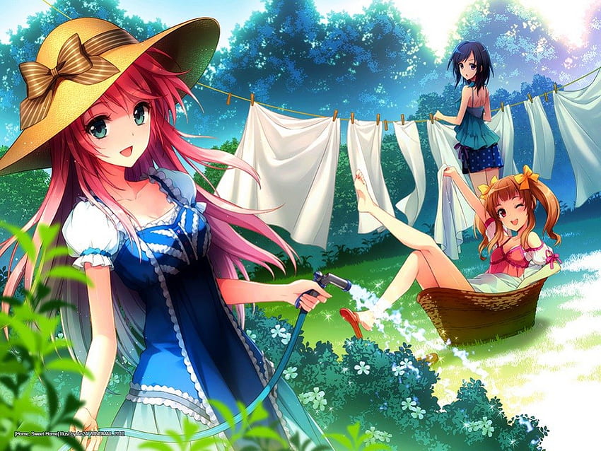Süße Mädchen... :), blaue Augen, Anime, Garten, süß, Mädchen, rosa Haare, Wasser, Freunde HD-Hintergrundbild