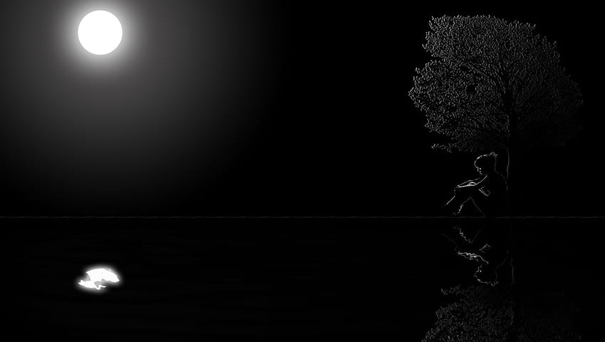 Smutny chłopiec, noc, rzeka, samotność, akul, rozstanie, drzewo, smutny, księżyc, chłopiec Tapeta HD